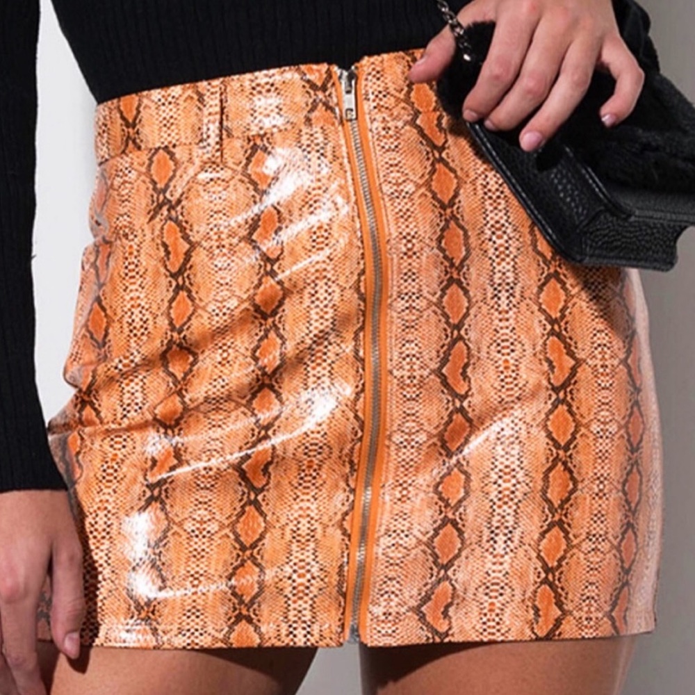 . OOTDFASH Orange Faux Leather Snakeskin Zip Up High Waist Mini Skirt - Picture 9 of 16
